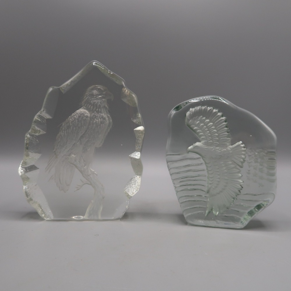 Lead Crystal Etched BaldEagle Sculpture Paperweight 4-5 inches tall Lot of 2
